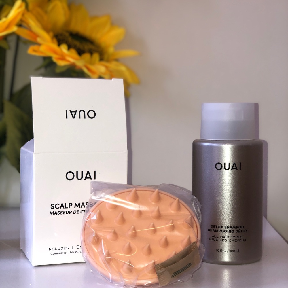 Ouai detox shampoo and scalp massager.